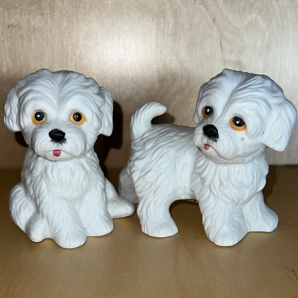 HOMCO Vintage Set of 2 White Maltese Westie Puppy Dod Figurines